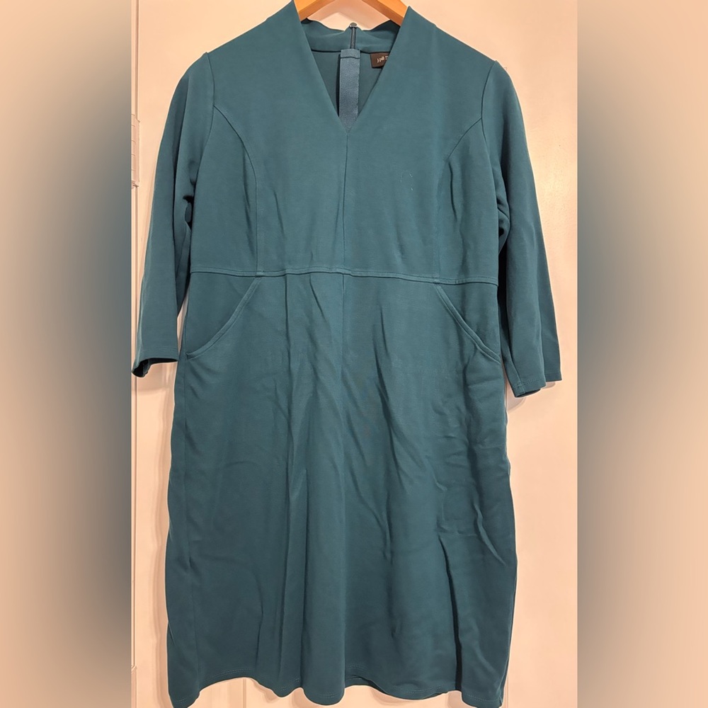 J Jill Medium Petite Wearever Collection Ponte Teal 3/4 Sleeve Dress V Neck
